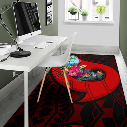 Guam Area Rug - Polynesian Hook And Hibiscus (Red)