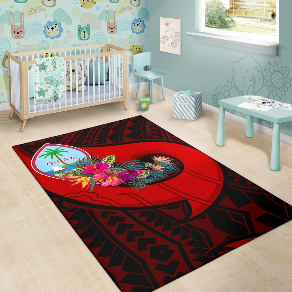 Guam Area Rug - Polynesian Hook And Hibiscus (Red)