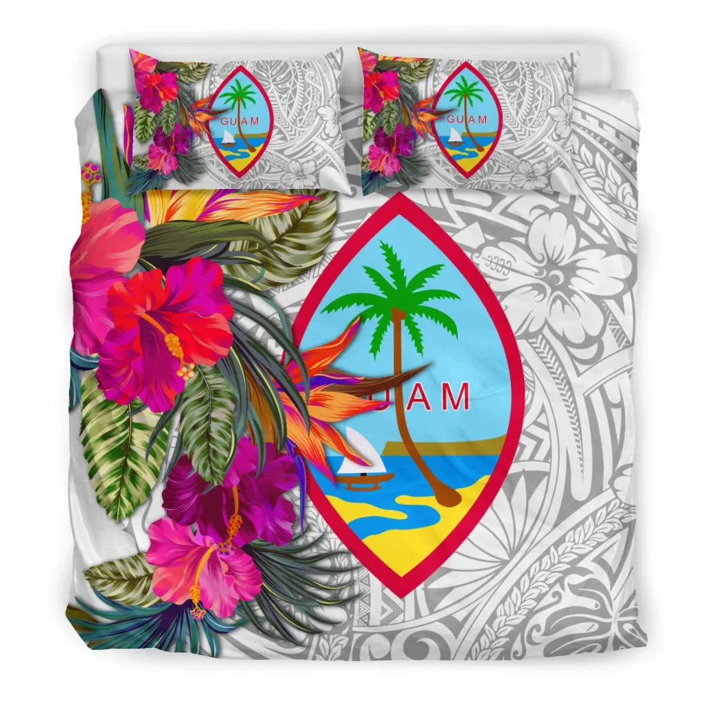 Guam Bedding Set - Hibiscus Polynesian Pattern White Version