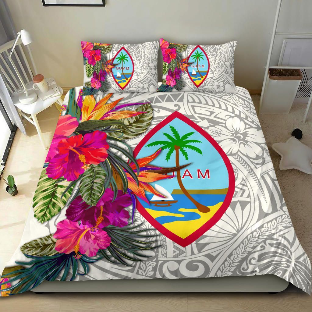 Guam Bedding Set - Hibiscus Polynesian Pattern White Version