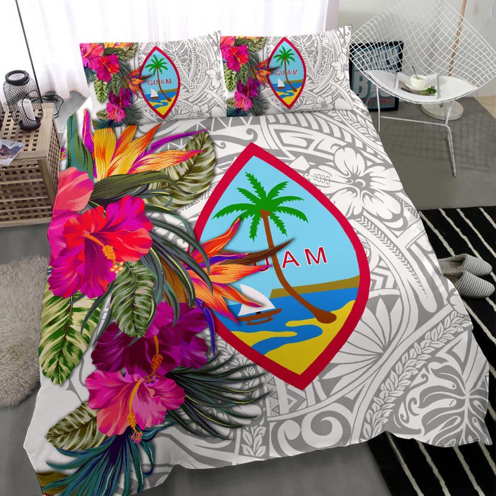 Guam Bedding Set - Hibiscus Polynesian Pattern White Version