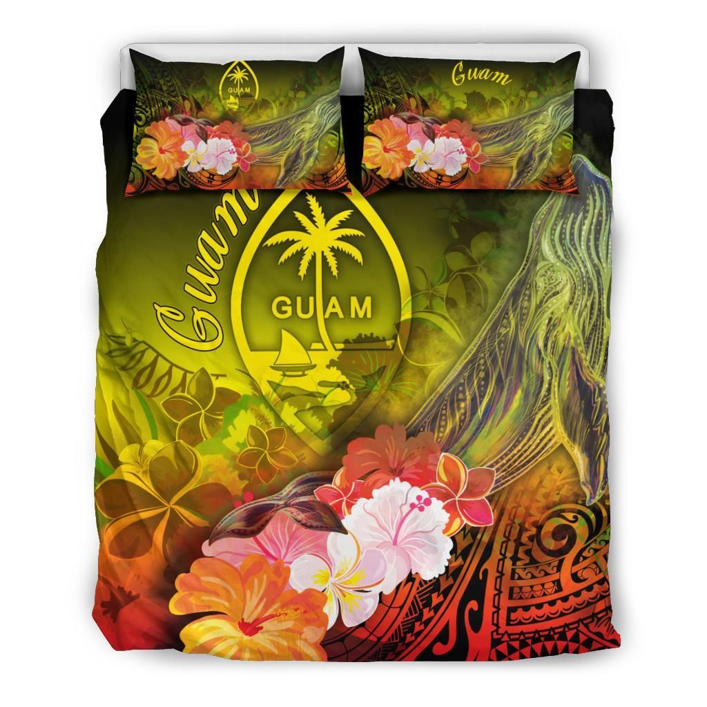 Guam Bedding Set - Humpback Whale With Tropical Flowers (Yellow)