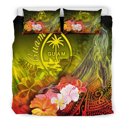 Guam Bedding Set - Humpback Whale With Tropical Flowers (Yellow)