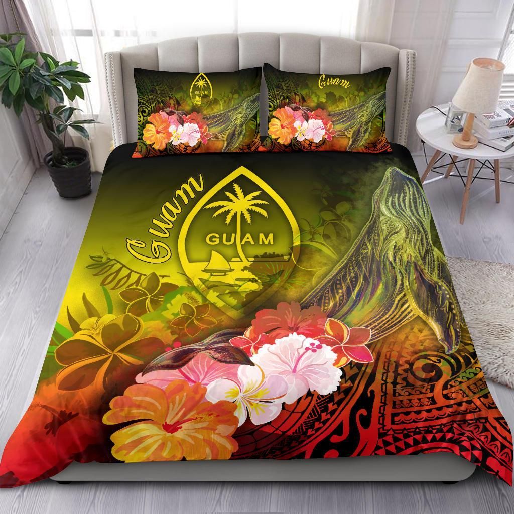 Guam Bedding Set - Humpback Whale With Tropical Flowers (Yellow)