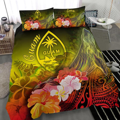 Guam Bedding Set - Humpback Whale With Tropical Flowers (Yellow)