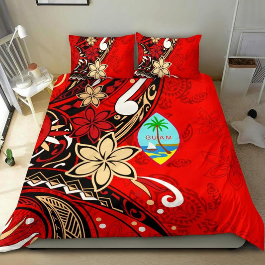 Guam Bedding Set - Tribal Flower With Special Turtles Red Color