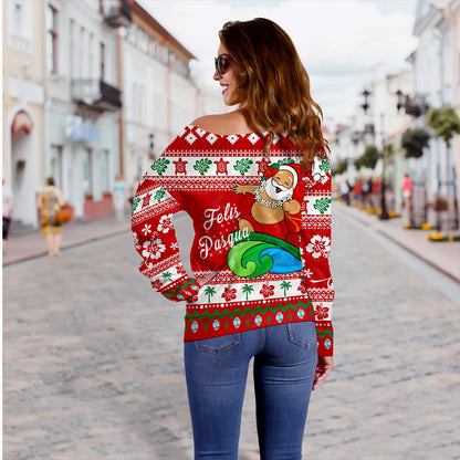 Guam Off Shoulder Sweatshirt Santa Claus Ho Ho Ho Christmas