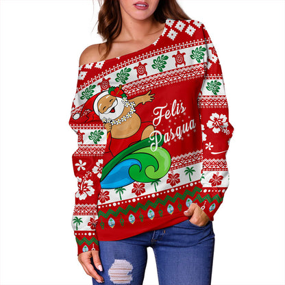 Guam Off Shoulder Sweatshirt Santa Claus Ho Ho Ho Christmas