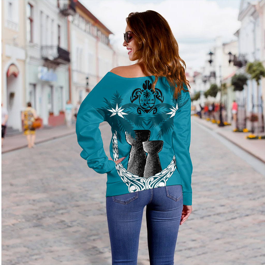 Guam Off Shoulder Sweatshirt Coconut Tree With Coat Of Arms