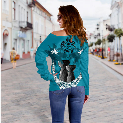 Guam Off Shoulder Sweatshirt Coconut Tree With Coat Of Arms