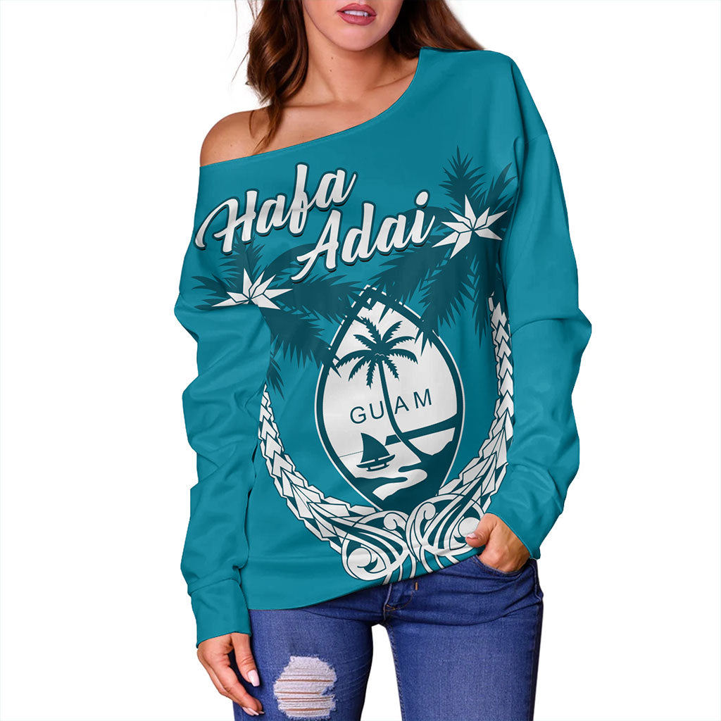 Guam Off Shoulder Sweatshirt Coconut Tree With Coat Of Arms