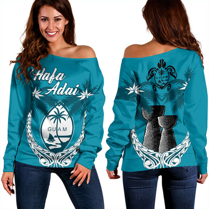 Guam Off Shoulder Sweatshirt Coconut Tree With Coat Of Arms