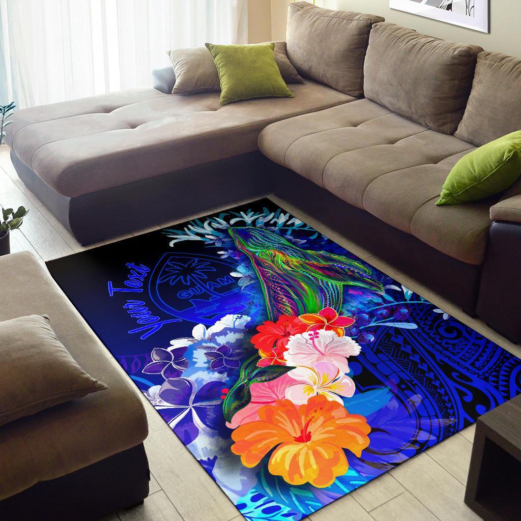Guam Custom Personalised Area Rug - Humpback Whale with Tropical Flowers (Blue)