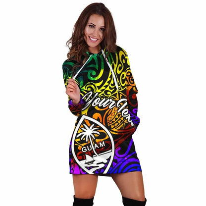 Guam Custom Personalised Hoodie Dress - Rainbow Polynesian Pattern