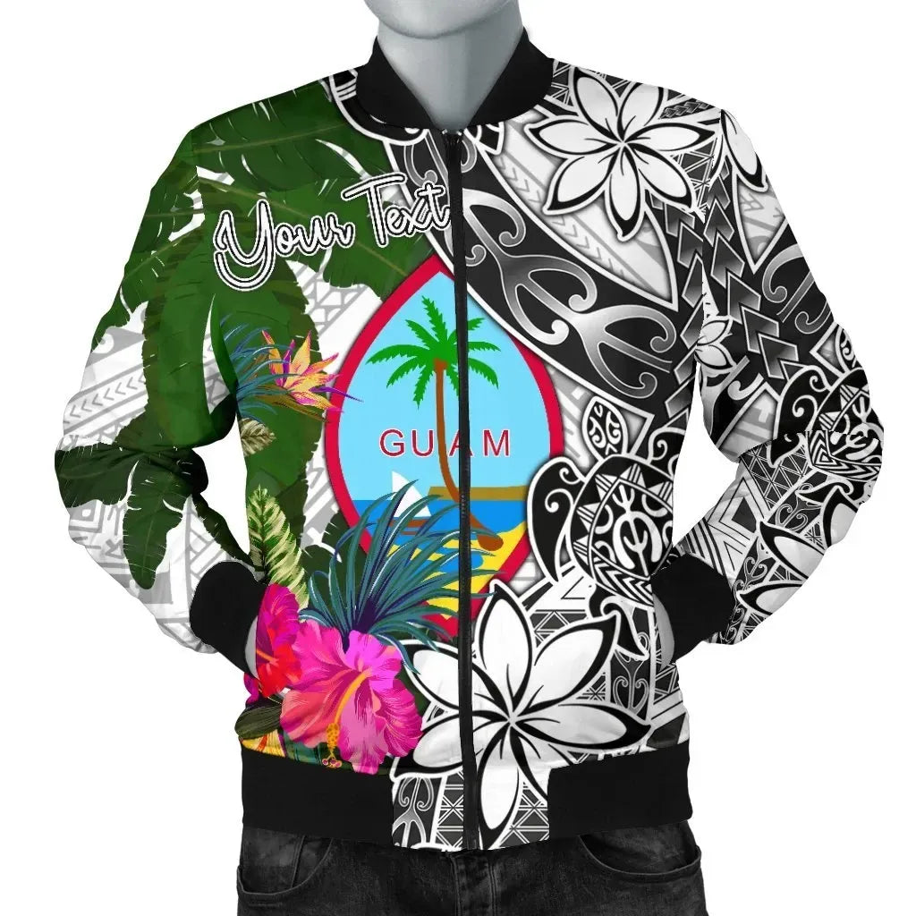 Guam Custom Personalised Bomber Jacket White - Turtle Plumeria Banana Leaf
