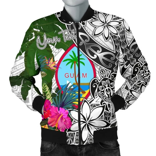 Guam Custom Personalised Bomber Jacket White - Turtle Plumeria Banana Leaf