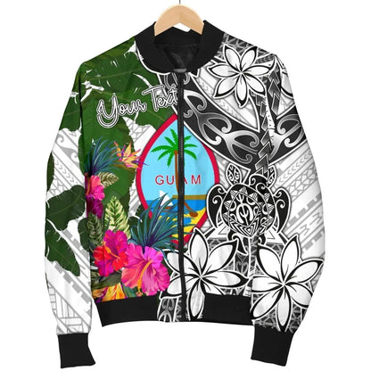 Guam Custom Personalised Bomber Jacket White - Turtle Plumeria Banana Leaf