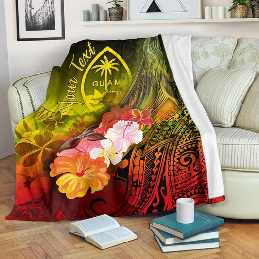 Guam Custom Personalised Premium Blanket - Humpback Whale with Tropical Flowers (Yellow)