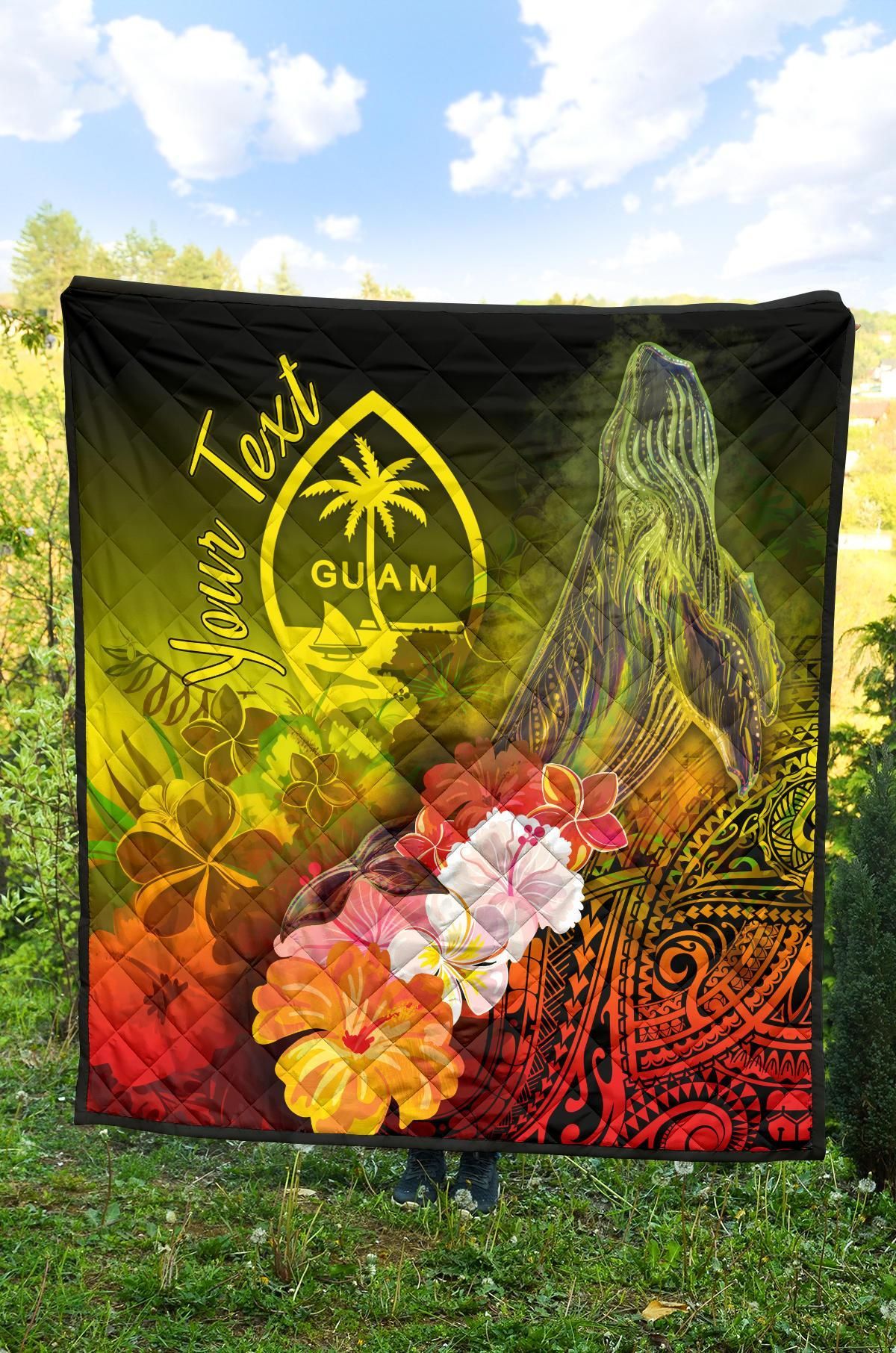 Guam Custom Personalised Premium Quilt  - Humpback Whale with Tropical Flowers (Yellow)