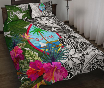 Guam Custom Personalised Quilt Bed Set White - Turtle Plumeria Banana Leaf