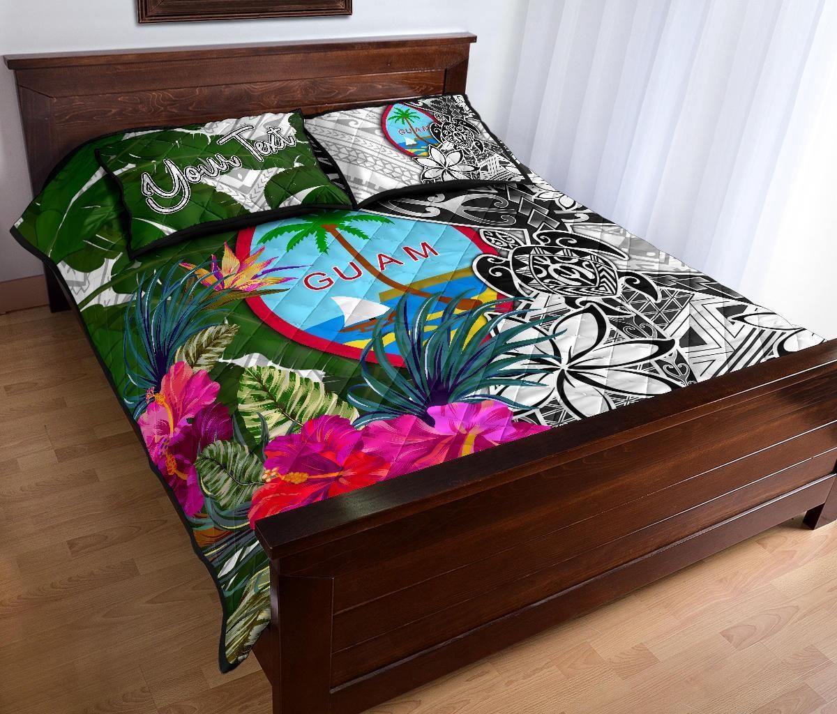 Guam Custom Personalised Quilt Bed Set White - Turtle Plumeria Banana Leaf