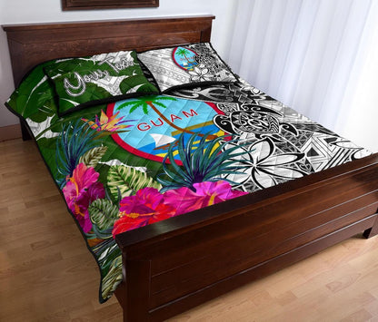 Guam Custom Personalised Quilt Bed Set White - Turtle Plumeria Banana Leaf