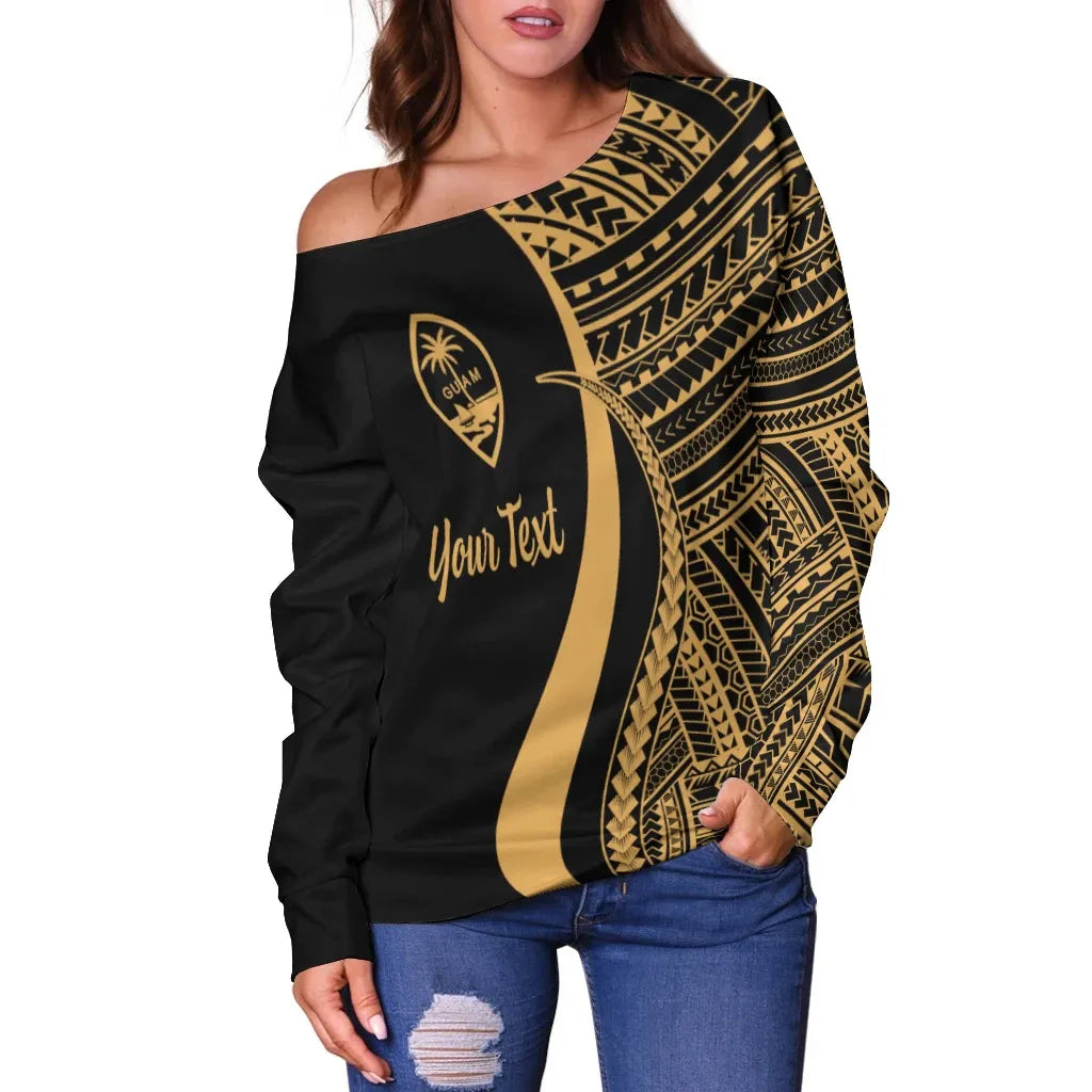Guam Custom Personalised Women Off Shoulder Sweater - Gold Polynesian Tentacle Tribal Pattern