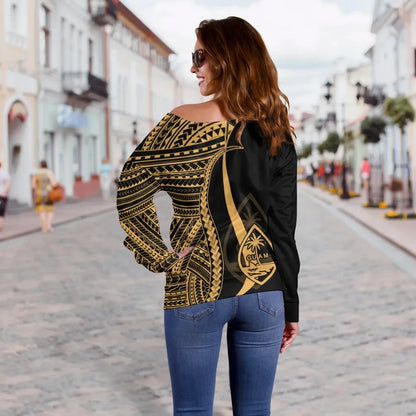 Guam Custom Personalised Women Off Shoulder Sweater - Gold Polynesian Tentacle Tribal Pattern