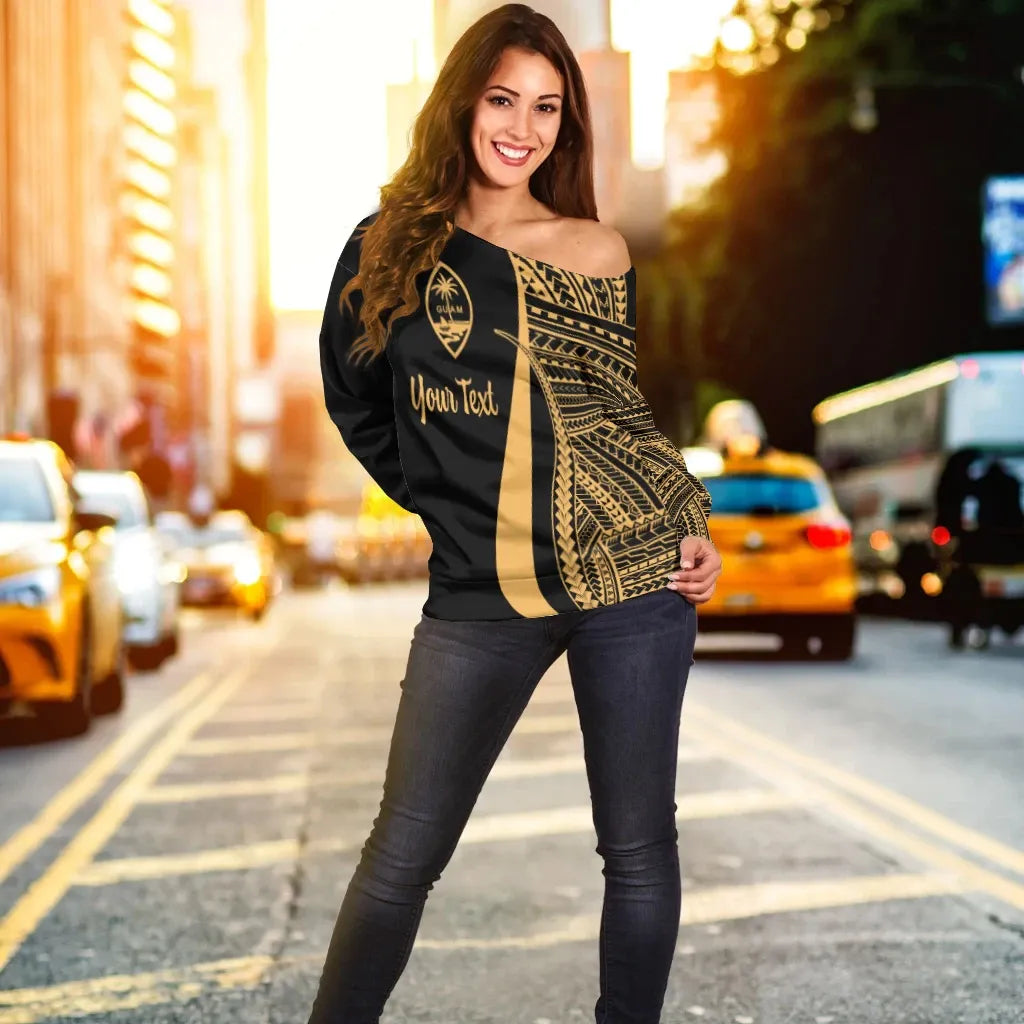 Guam Custom Personalised Women Off Shoulder Sweater - Gold Polynesian Tentacle Tribal Pattern
