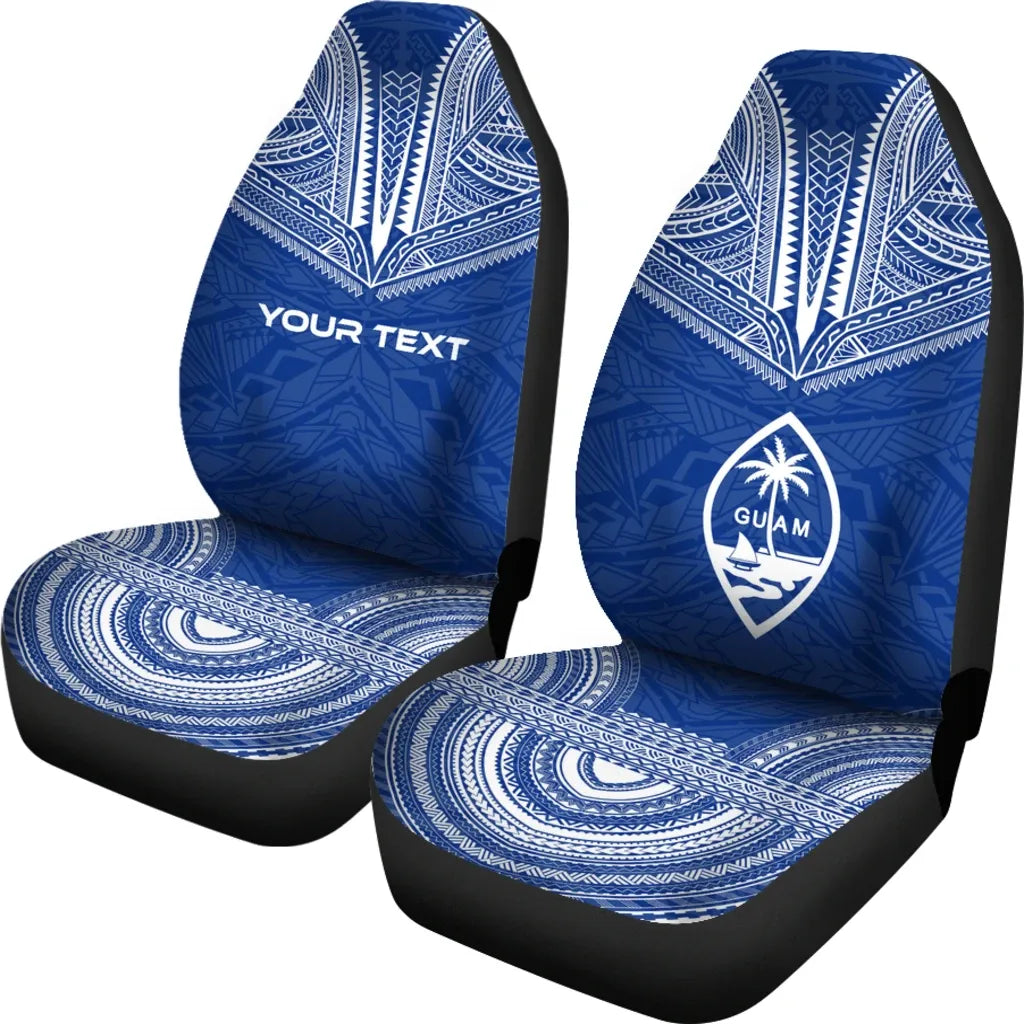 Guam Custom Personalised Car Seat Cover - Guam Flag Polynesian Chief Tattoo BLue Version