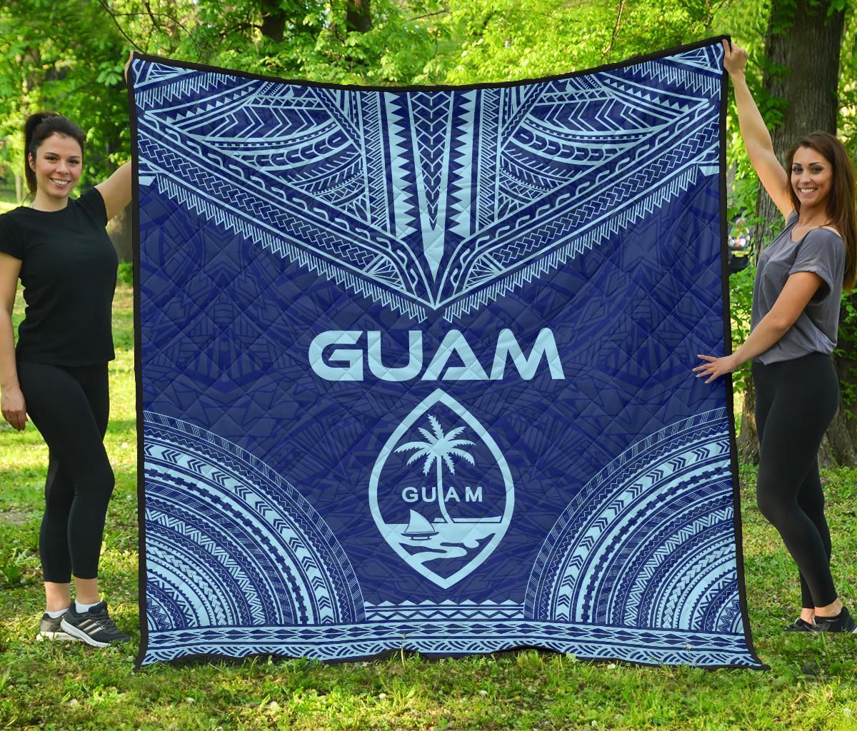 Guam Premium Quilt - Guam Coat Of Arms Polynesian Chief Blue Version