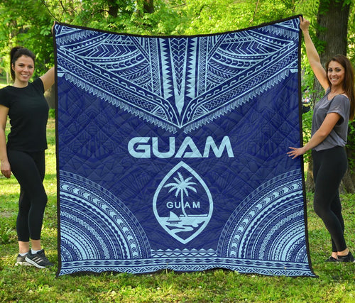 Guam Premium Quilt - Guam Coat Of Arms Polynesian Chief Blue Version