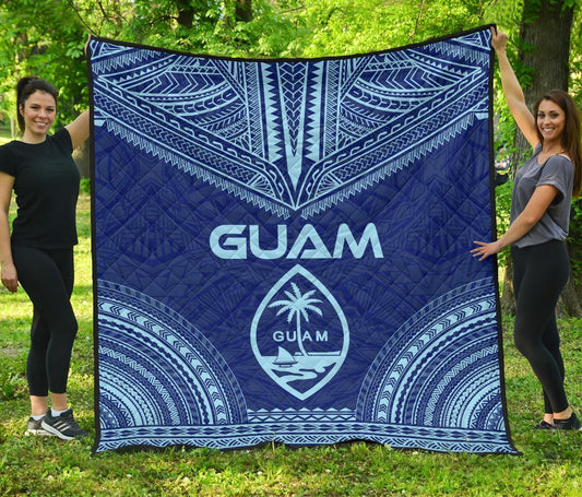 Guam Premium Quilt - Guam Coat Of Arms Polynesian Chief Blue Version
