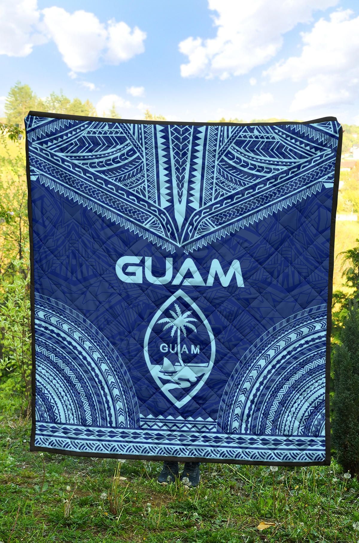 Guam Premium Quilt - Guam Coat Of Arms Polynesian Chief Blue Version