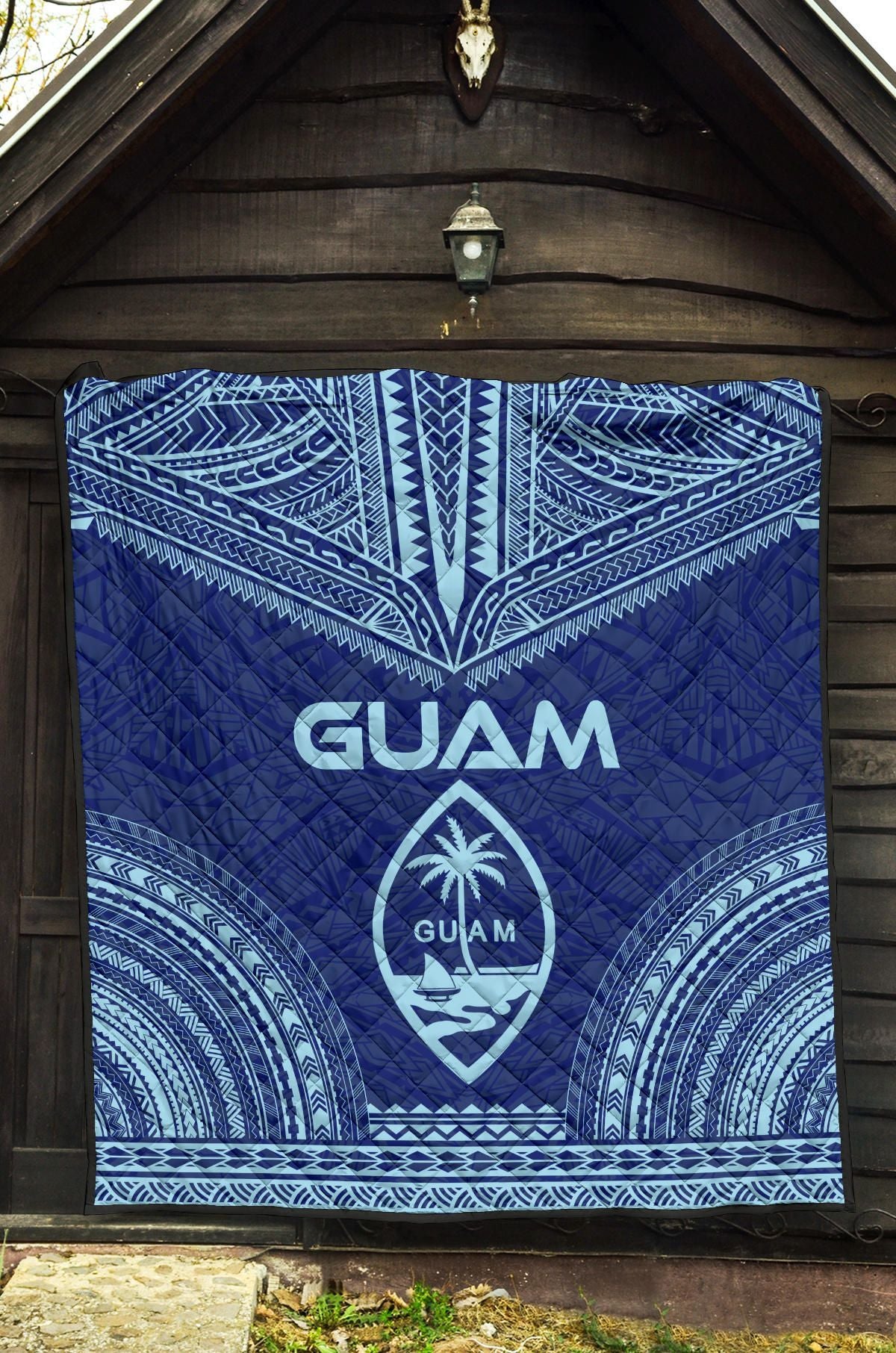 Guam Premium Quilt - Guam Coat Of Arms Polynesian Chief Blue Version