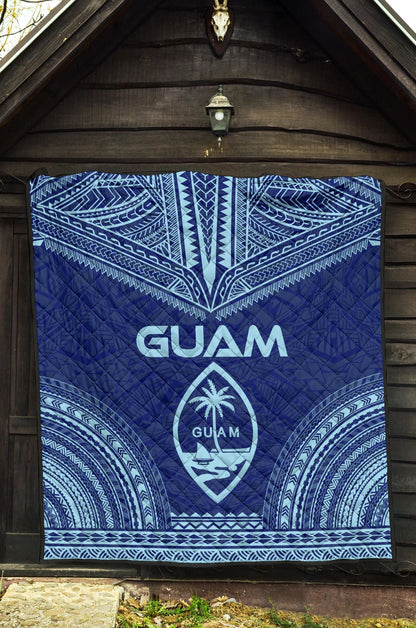 Guam Premium Quilt - Guam Coat Of Arms Polynesian Chief Blue Version