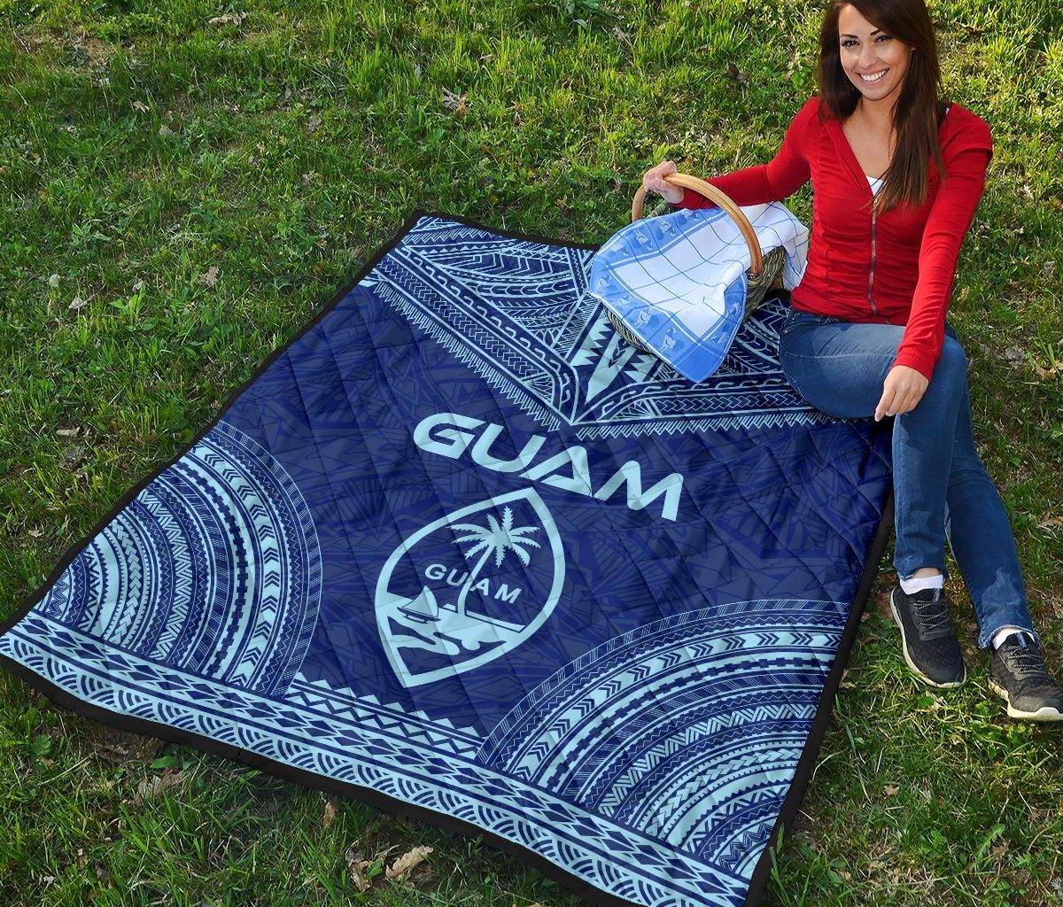 Guam Premium Quilt - Guam Coat Of Arms Polynesian Chief Blue Version
