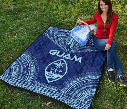Guam Premium Quilt - Guam Coat Of Arms Polynesian Chief Blue Version