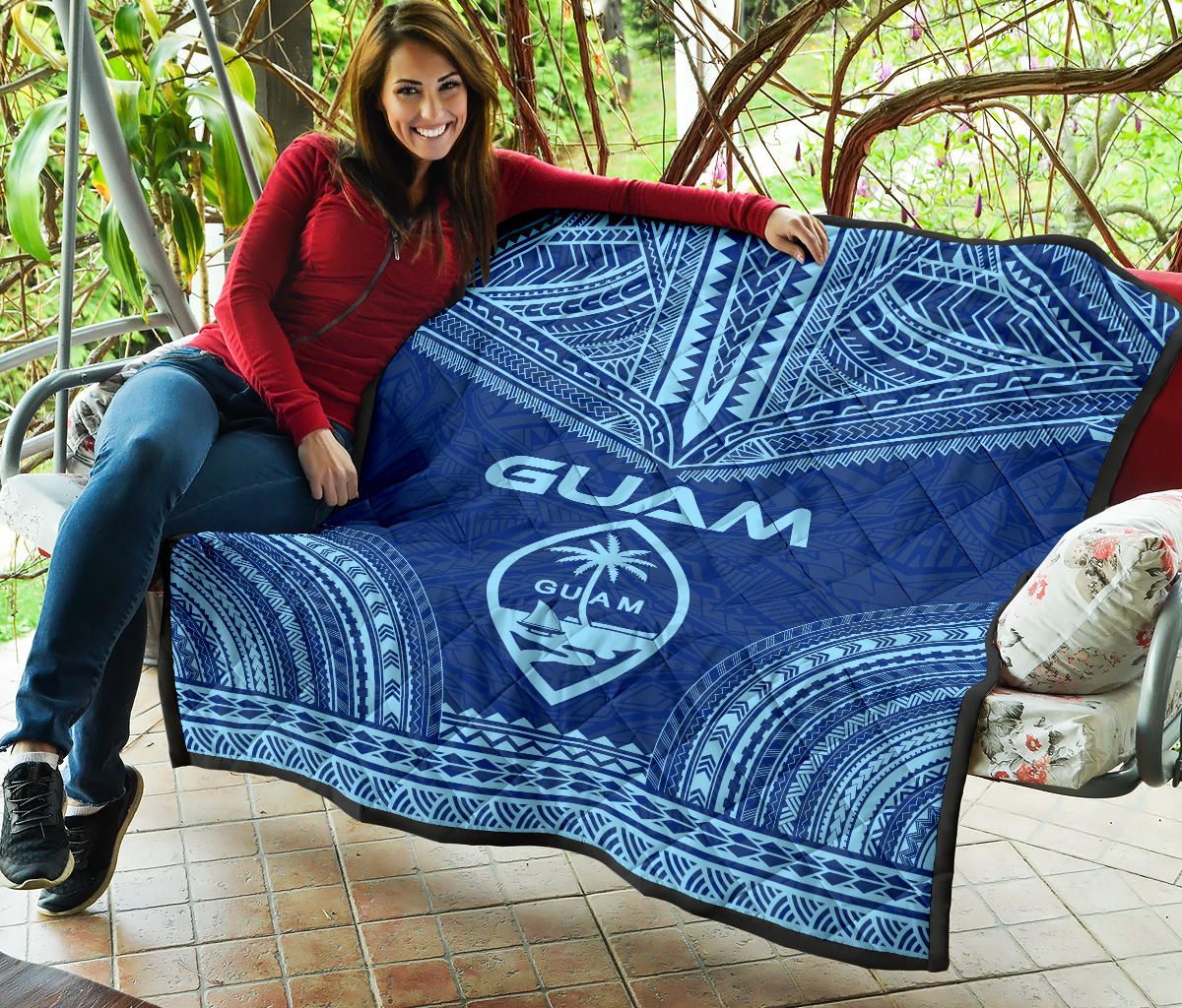 Guam Premium Quilt - Guam Coat Of Arms Polynesian Chief Blue Version