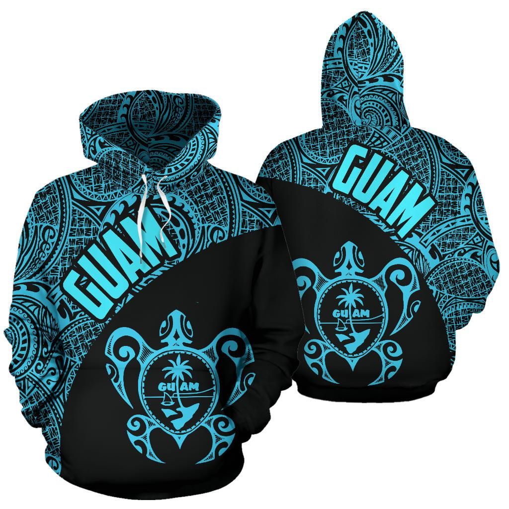 Guam Hoodie - Guam Coat Of Arm In Turtle Polynesian Tattoo Blue