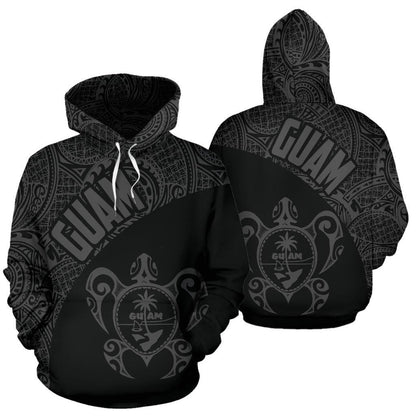 Guam Hoodie - Guam Coat Of Arm In Turtle Polynesian Tattoo Gray
