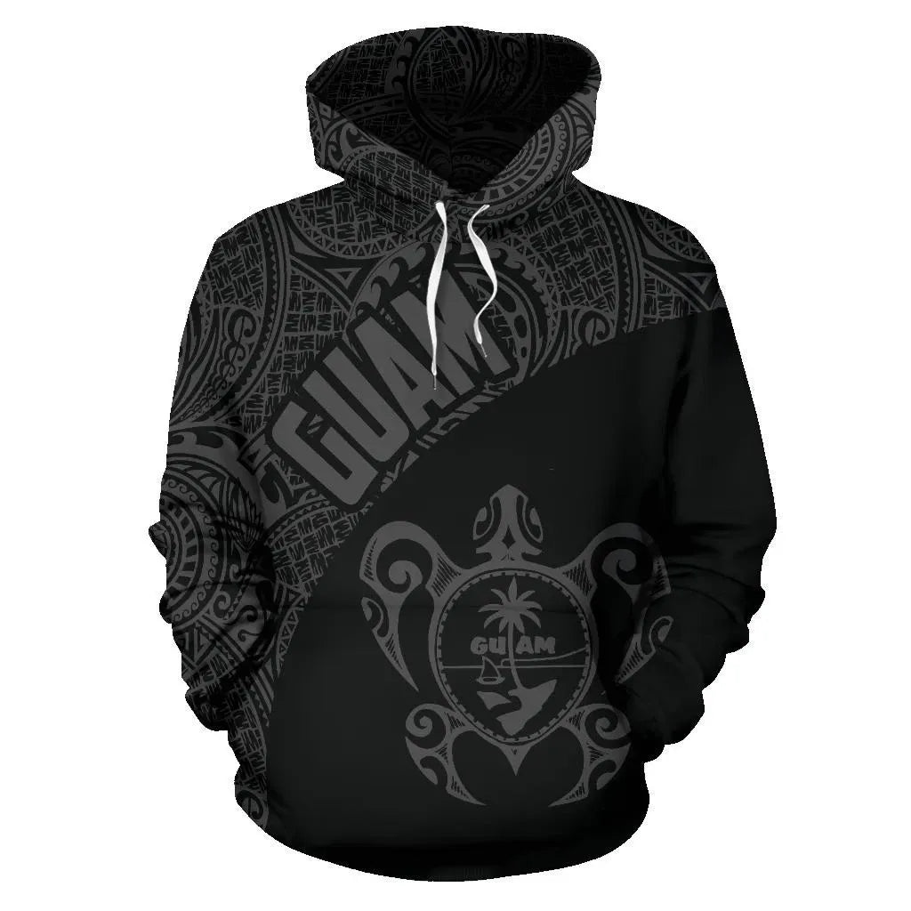 Guam Hoodie - Guam Coat Of Arm In Turtle Polynesian Tattoo Gray