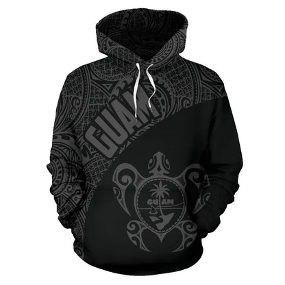 Guam Hoodie - Guam Coat Of Arm In Turtle Polynesian Tattoo Gray