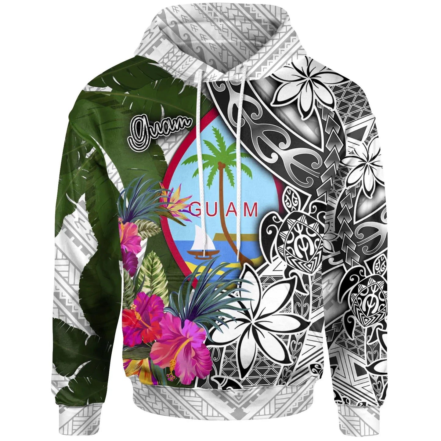 Guam Hoodie White - Turtle Plumeria Banana Leaf