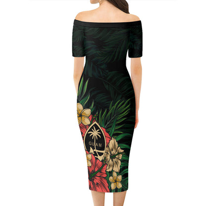 Guam Short Sleeve Off The Shoulder Lady Dress Leaf Tropical