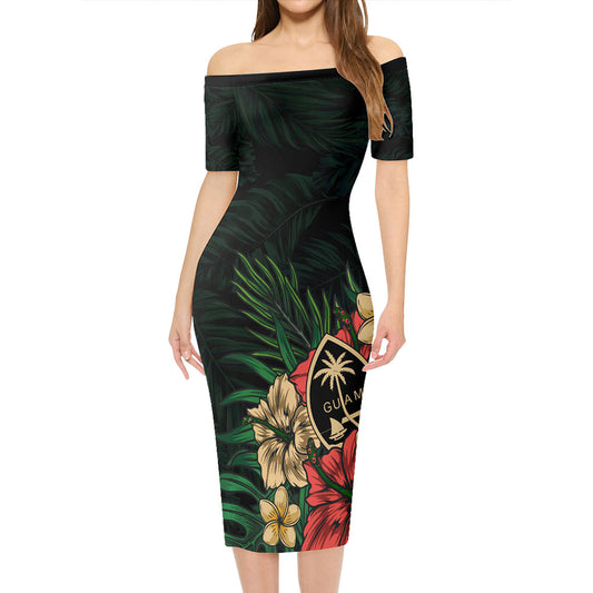 Guam Short Sleeve Off The Shoulder Lady Dress Leaf Tropical