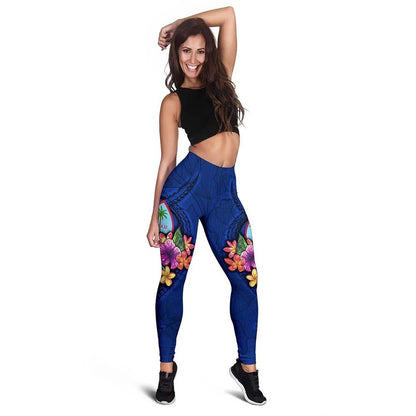 Guam Legging - Polynesian Floral With Seal Blue
