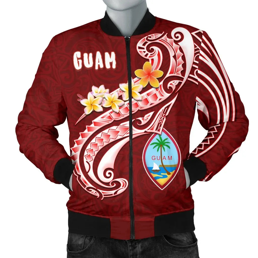 Guam Bomber Jacket - Guam Seal Polynesian Patterns Plumeria (Red)