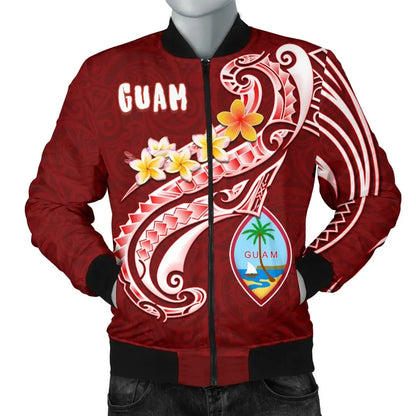 Guam Bomber Jacket - Guam Seal Polynesian Patterns Plumeria (Red)