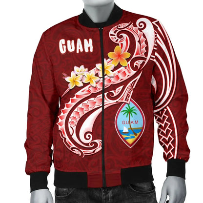 Guam Bomber Jacket - Guam Seal Polynesian Patterns Plumeria (Red)